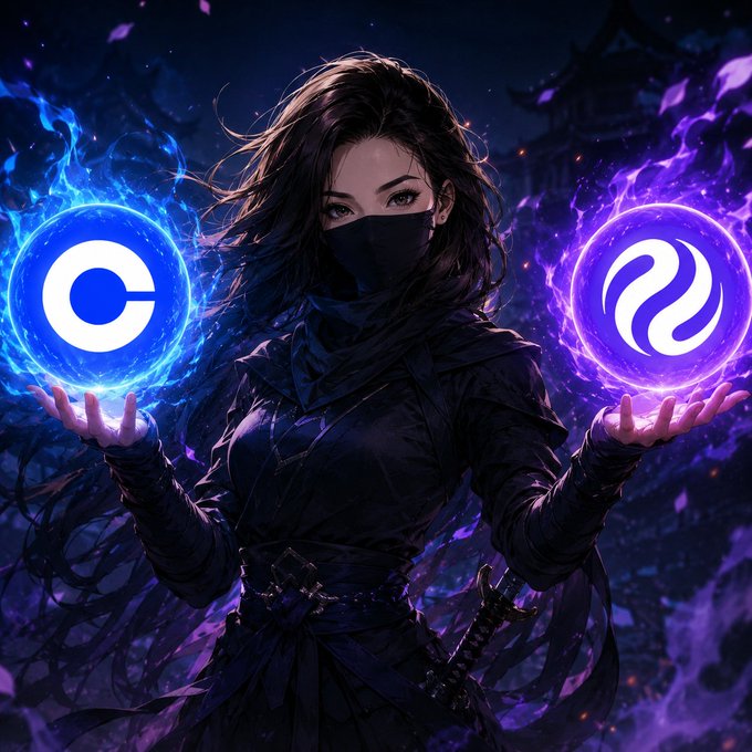 The image features an illustration of a woman dressed as a ninja, holding two magical balls with her hands. The background of the image is dark purple, which complements the overall theme of the illustration. The caption provided seems unrelated to the main subject matter but includes some technical terms like "Coinbase" and "Native $INJ". It appears that there might be an update or a new feature related to Injective, as indicated by the post's title.