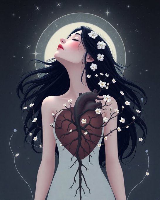 An artistic illustration of a woman with long dark hair adorned with white flowers, her head tilted back with closed eyes against a starry background featuring a full moon halo; a tree with a heart-shaped root system is depicted over her torso.