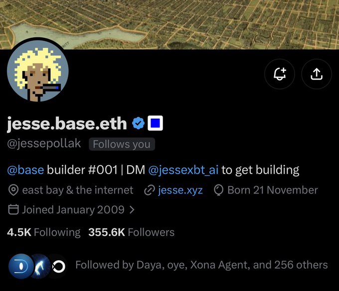 A social media profile for jesse.base.eth (@jessepollak), a Base builder based in east bay, with 355.6K followers and a 'Follows you' indicator.