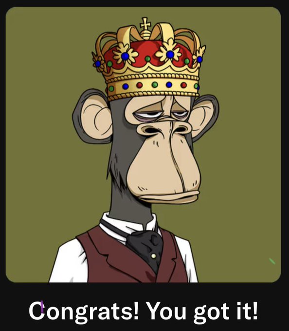 A cartoon monkey wearing a golden crown with red and blue jewels, a white shirt, and a maroon vest, with text "Congrats! You got it!" below.