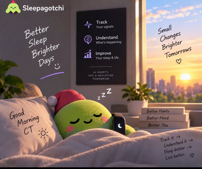 A promotional image for 'Sleepagotchi' showing a green mascot character wearing a sleeping cap and holding a smartwatch, with text including 'Better Sleep Brighter Days,' 'Track Your signals,' 'Understand What's happening,' 'Improve Your sleep & life,' and 'AI Agents For A Healthier Tomorrow.'