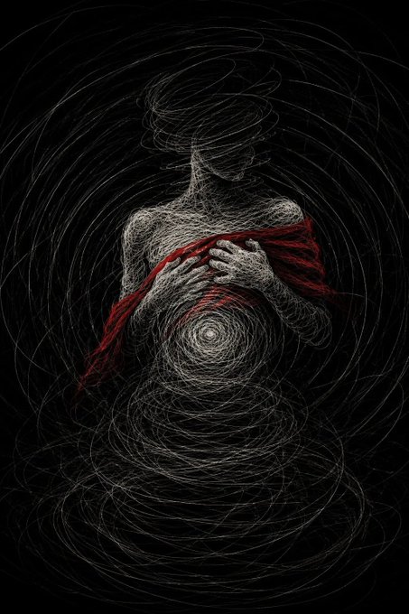 A dark, abstract digital artwork shows a human-like figure rendered in white swirling lines, clutching a red cloth across its chest against a black background.