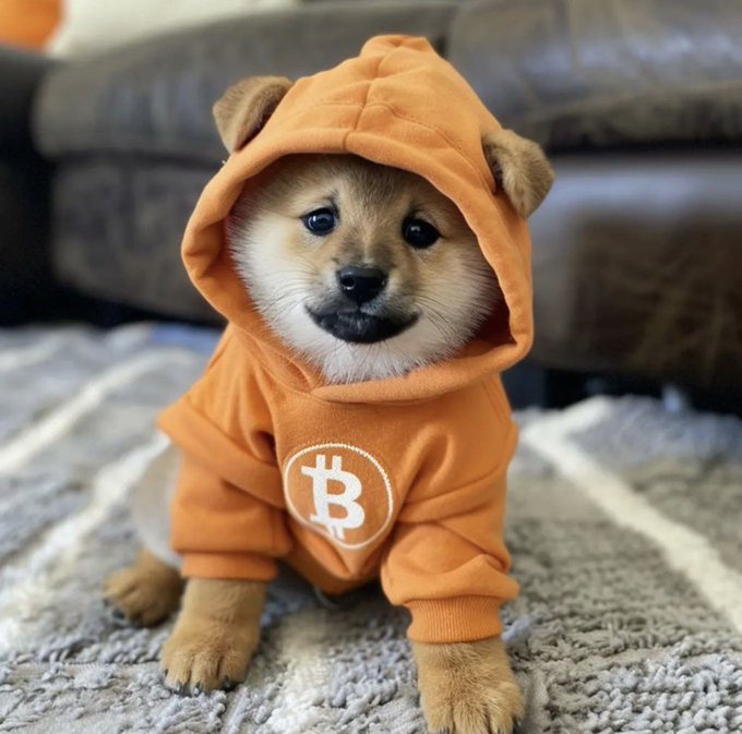 The image features a small brown dog wearing an orange hoodie with a Bitcoin symbol on it, sitting on a gray carpeted floor. There are also two other dogs visible in the background, one of which has a black collar. The caption reads "$DOG will live forever."