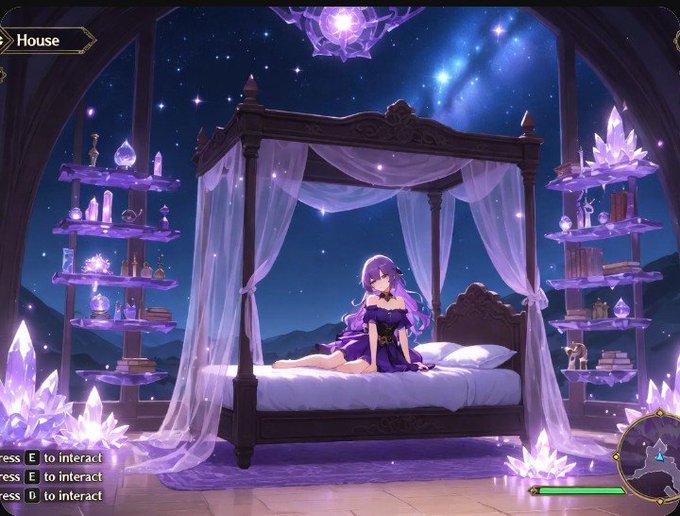 A screenshot from a video game shows an anime-style character with purple hair sitting on a four-poster bed in a room with a starry night sky, surrounded by floating crystal shelves and purple crystals.