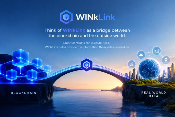 A WINkLink promotional image describes it as a bridge between blockchain and the outside world, showing glowing blue cubes representing blockchain connected by an arch to icons of real-world data and a globe.