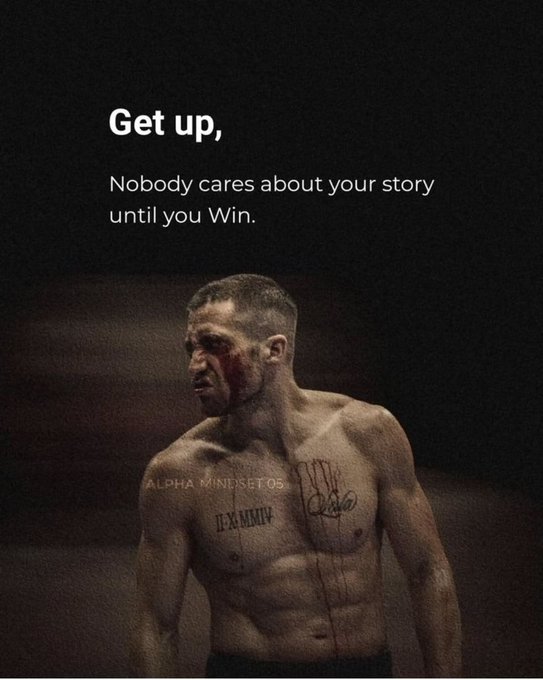 A motivational dark-themed image featuring a bloodied, exhausted boxer with the text 'Get up, Nobody cares about your story until you Win' and 'ALPHA MINDSET 03' watermark.
