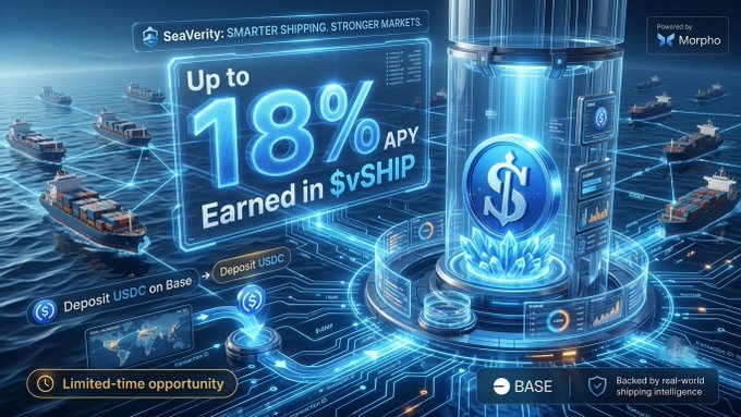A promotional graphic for 'SeaVerity: SMARTER SHIPPING. STRONGER MARKETS' advertising 'Up to 18% APY Earned in $vSHIP' through USDC deposits on Base, powered by Morpho, featuring cargo ships and an anchor logo.