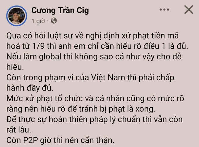 A Vietnamese Facebook post by Cương Trần Cig discussing legal advice about fines starting from 1/9, noting that within Vietnam, regulations must be fully enforced.
