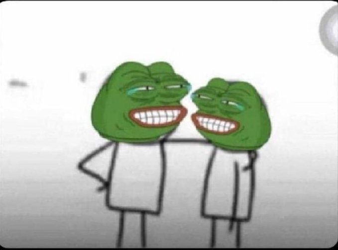 A crudely drawn meme featuring two green Pepe the Frog characters with wide, toothy grins standing close together against a white background.