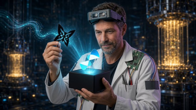 A man wearing a lab coat and a futuristic head-mounted device holds a black star-shaped object while examining a glowing blue Ethereum (ETH) logo emerging from a black box, set against a high-tech industrial background.