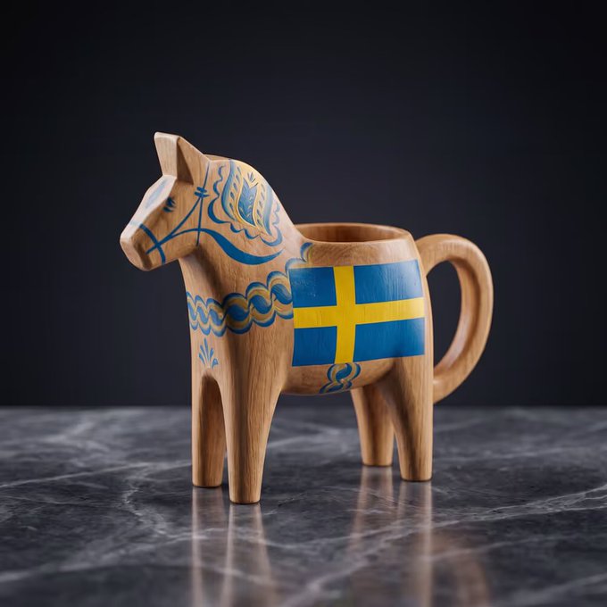 The image features a wooden horse mug with a blue and yellow flag painted on its side, sitting on a marble table. The mug has a handle on one end and a lid on the other, making it suitable for drinking from or holding onto while admiring the artwork. The presence of the post in the image suggests that someone might have posted about this unique wooden horse mug, possibly discussing its design or origin.