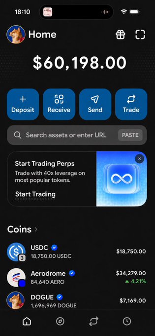 A screenshot of a crypto wallet app (likely Coinbase Wallet, connected to Base) showing a portfolio balance of $60,198.00, holding USDC ($18,750.00), Aerodrome ($34,279.00, up 4.21%), and DOGUE ($7,169.00) — supporting the user's enthusiasm for the Base app experience.