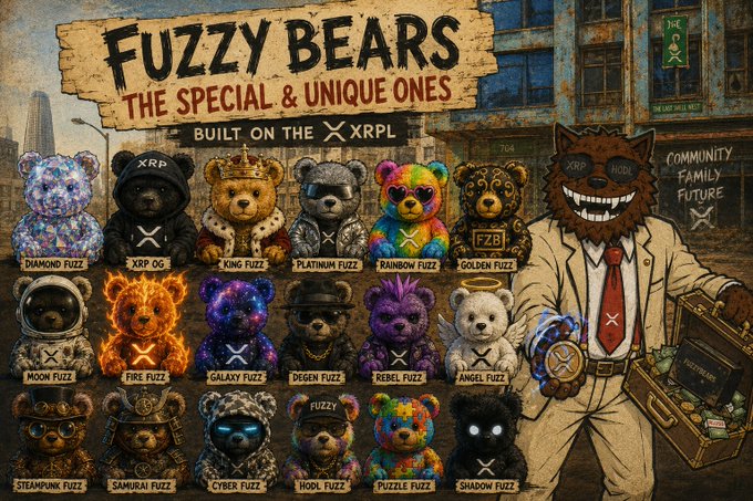A promotional graphic titled 'FUZZY BEARS THE SPECIAL & UNIQUE ONES BUILT ON THE XRPL' showcasing various bear NFTs (Diamond Fuzz, King Fuzz, Galaxy Fuzz, Cyber Fuzz, etc.) alongside a smiling wolf character in a suit holding a briefcase.