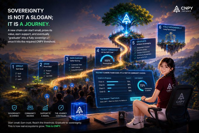 A detailed CNPY Network infographic illustrates a 6-step journey toward sovereignty, emphasizing 'community over code' and featuring a girl at a computer monitoring community support.