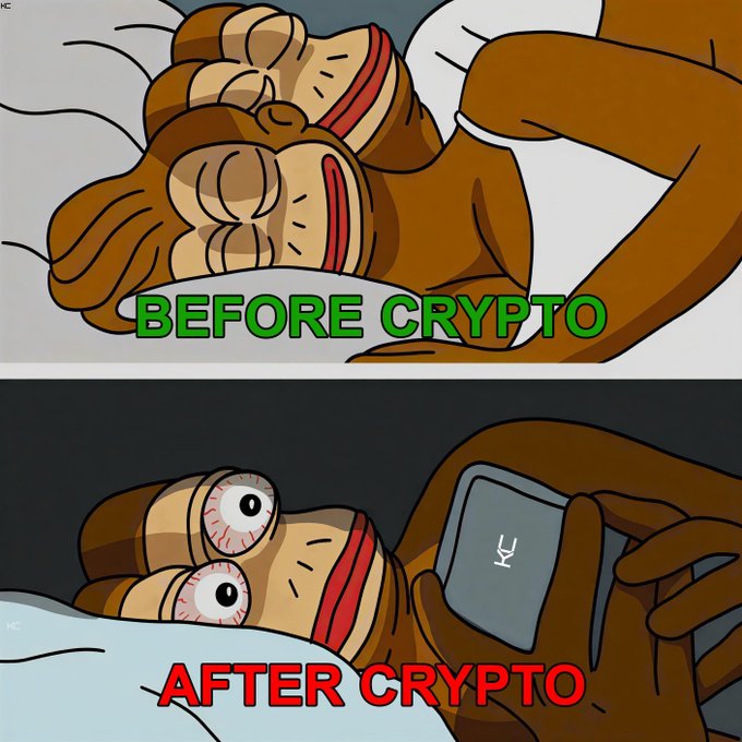 A two-panel meme showing a character peacefully sleeping labeled 'BEFORE CRYPTO' and the same character wide-eyed staring at a Kakao phone screen labeled 'AFTER CRYPTO'.