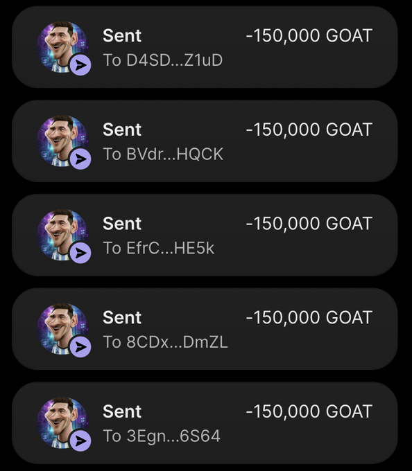 The image displays a transaction history showing multiple "Sent" entries of -150,000 GOAT each to various truncated wallet addresses (D4SD...Z1uD, BVdr...HQCK, EfrC...HE5k, 8CDx...DmZL, and 3Egn...6S64). This serves as proof of the ongoing $GOAT airdrop from the Solana presale event at goatsolana.vercel.app, where participants receive 150,000 $GOAT tokens per wallet.