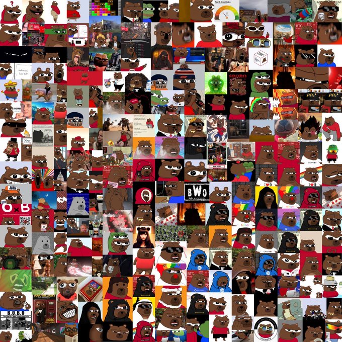 A dense grid collage features numerous variations of the "Fat Ape" character—a brown cartoon ape from the Solana NFT collection—shown in diverse outfits, poses, and styles alongside "BTC" and "SOLD OUT" text, reflecting the collection's popularity within the Solana crypto ecosystem.