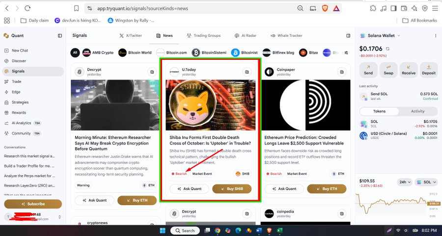 A screenshot of the app.tryquant.io Signals platform showing crypto news articles, with a green and red box highlighting a U.Today article about Shiba Inu (SHIB) forming a double death cross and 'Buy SHIB' button.