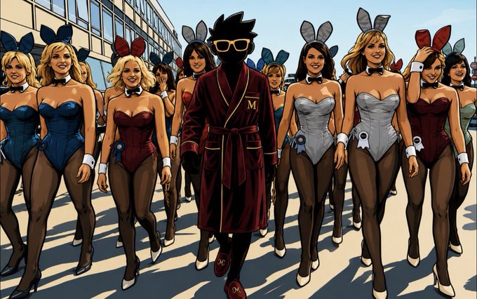 A comic-style illustration showing a man in a dark red robe and sunglasses walking with a group of women dressed as Playboy bunnies with bunny ears.