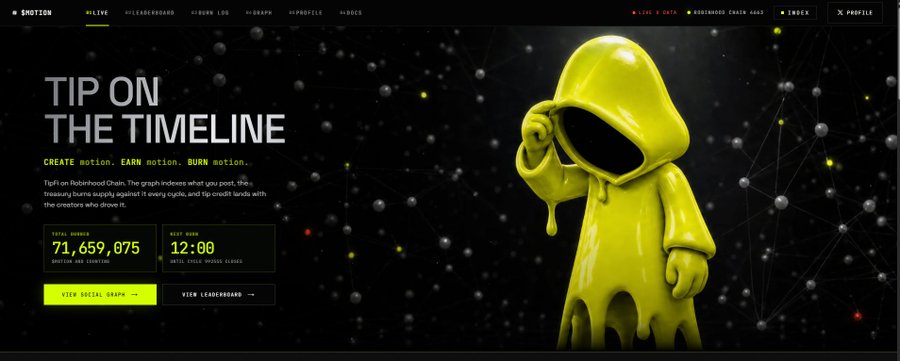 A website header for 'Notion' featuring 'TIP ON THE TIMELINE' text alongside a melting 3D character in a yellow hoodie, with stats showing 'TOTAL GRANTS 71,659,075' and 'NEXT DROP 12:00'.