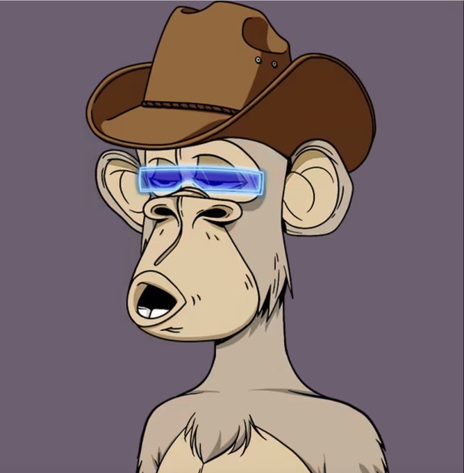 A cartoon illustration of a monkey (Bored Ape-style NFT) wearing a brown cowboy hat and blue futuristic sunglasses against a gray background.