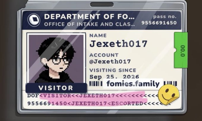 An illustrated ID badge styled for "DEPARTMENT OF FO..." and "OFFICE OF INTAKE AND CLAS..." for a visitor named "Jexeth017," with an avatar of a black-haired character in glasses and a yellow smiley face sticker.