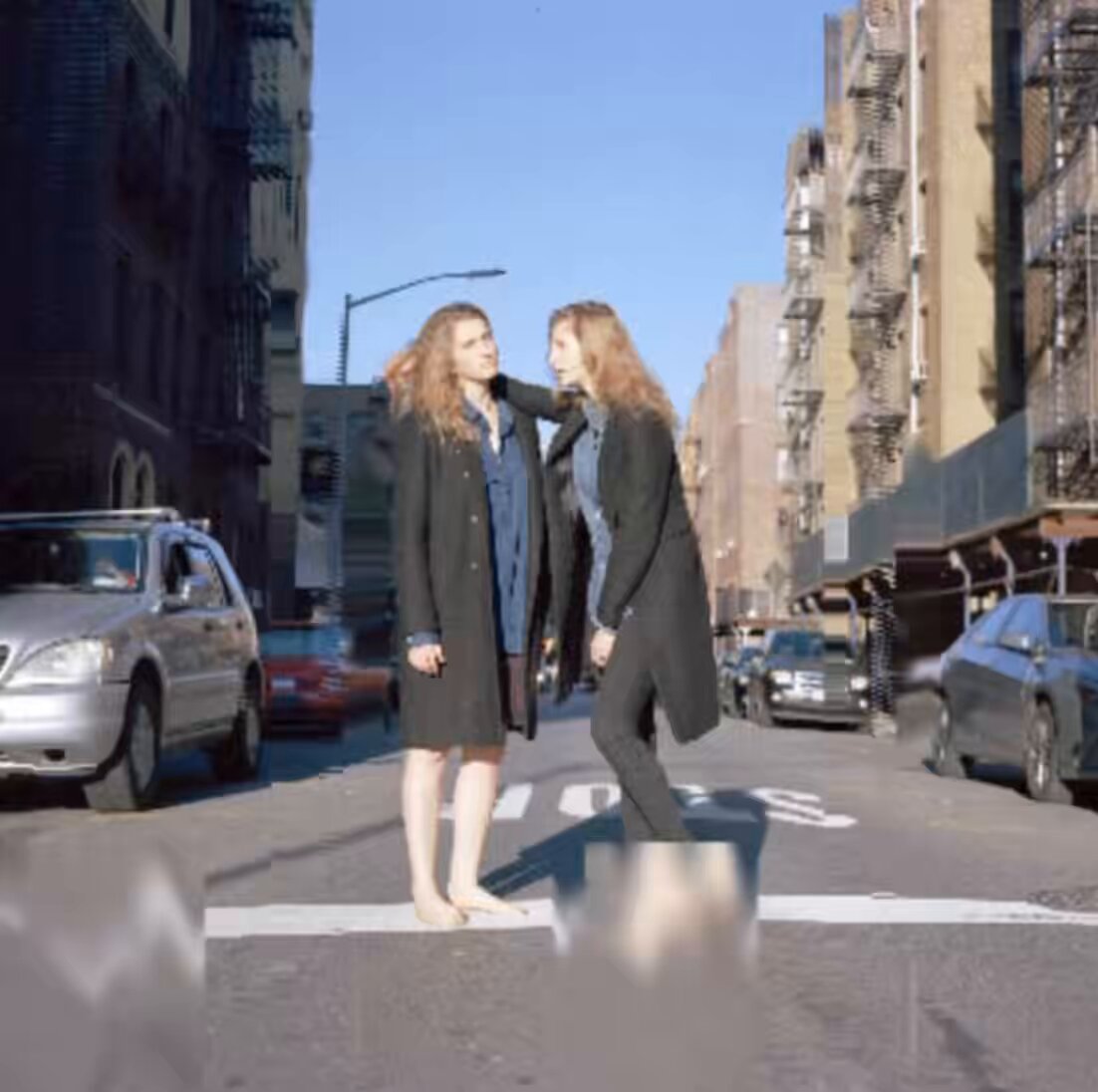 The image shows two women standing at a crosswalk, with one of them wearing a black coat and the other wearing a blue dress. They are positioned next to each other, facing opposite directions as they wait for the traffic light to change. In the background, there is a car parked on the street, and several buildings can be seen in the distance. The post also contains text that reads "Doppelgänger #255 & #256 sold for ?".
