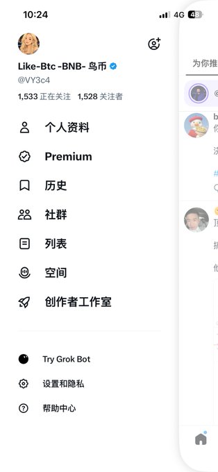 A screenshot of a Twitter/X profile for 'Like-Btc-BNB-乌龟' (@vY3c4) showing 1,533 following and 1,528 followers, with a menu displaying options like Premium, History, and Communities in Chinese.