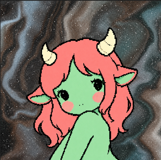 A digital illustration of a green-skinned character with pink hair and white horns against a starry, swirling cosmic background.