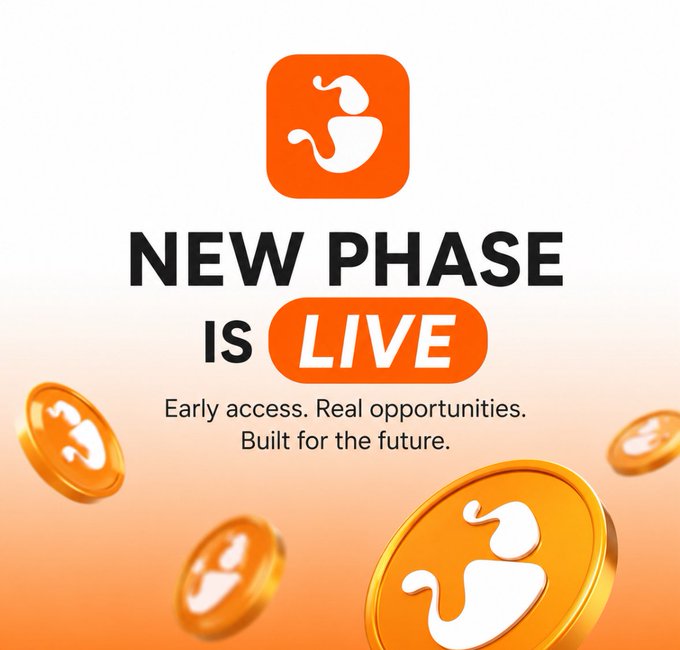 A promotional graphic featuring an orange logo with a stylized 'S' and the bold text 'NEW PHASE IS LIVE', subtitled 'Early access. Real opportunities. Built for the future.', accompanied by 3D gold coins floating in an orange gradient background.