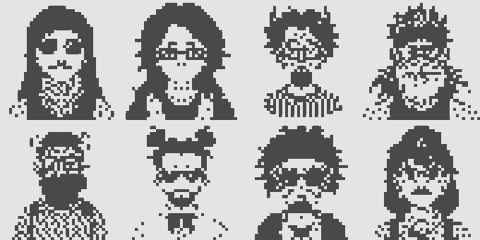 A pixel-art sprite sheet displaying eight different character portraits arranged in a 2x4 grid, featuring various faces with glasses, beards, and hairstyles.