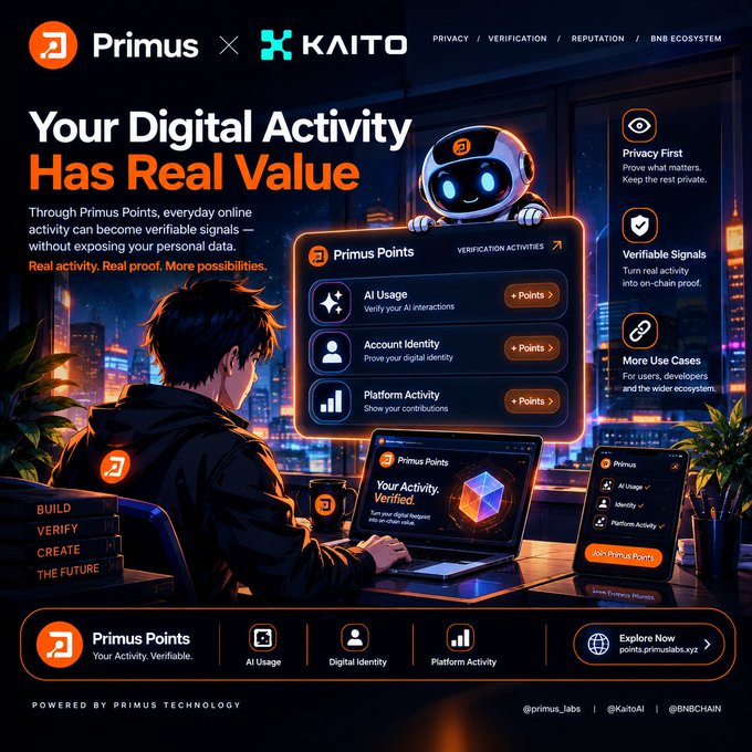 A promotional banner for 'Primus X KAITO' showcases a person interacting with digital interfaces, highlighting 'Primus Points' and the tagline 'Your Digital Activity Has Real Value'.
