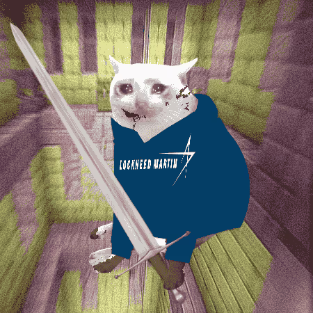 A cat wearing a blue 'LOCKHEED MARTIN' sweatshirt holds a large sword in a pixelated, blocky environment.