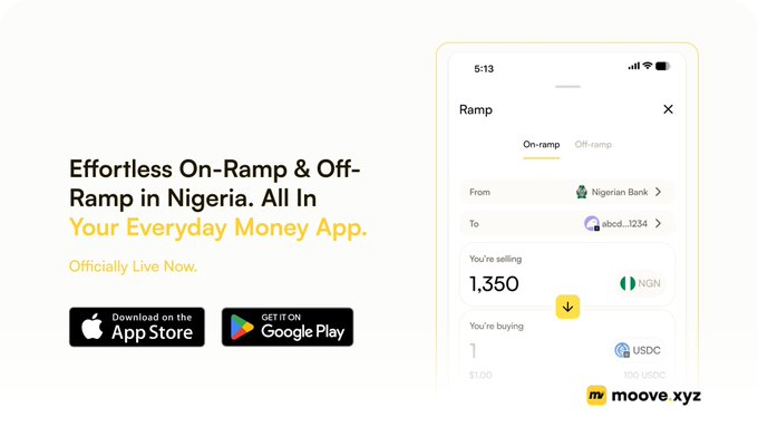 A promotional graphic advertises 'Effortless On-Ramp & Off-Ramp in Nigeria. All In Your Everyday Money App' with App Store and Google Play download buttons, showing a phone interface converting 1,350 NGN from Nigerian Bank to USDC on the 'moove xyz' platform.