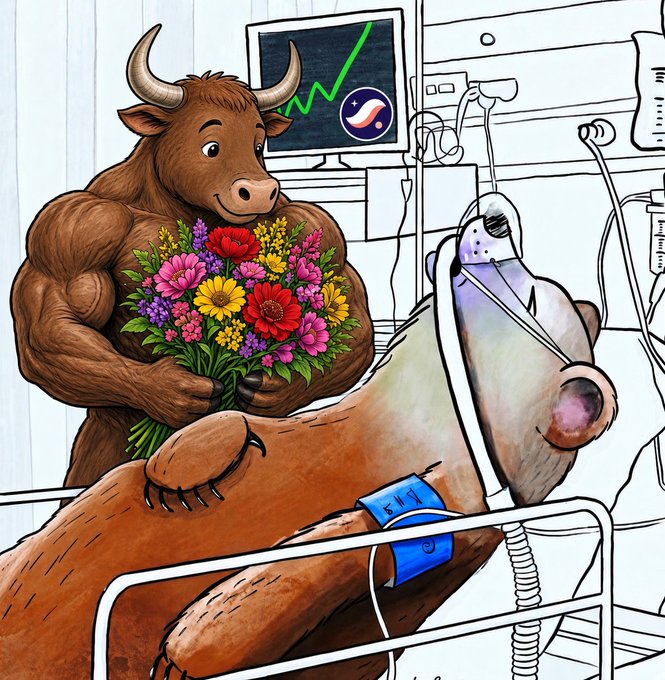 An illustration depicting a muscular bull holding flowers standing beside a sickly bear in a hospital bed with monitors, symbolizing bull vs bear market dynamics.