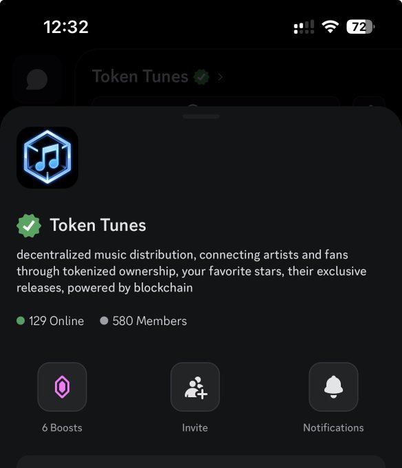 A mobile screenshot showing the 'Token Tunes' Discord server profile, describing it as decentralized music distribution connecting artists and fans through tokenized ownership, with 129 online and 580 members.