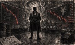 A dark, dystopian artwork depicting a hooded figure standing on a pentagram, surrounded by red 'RISK OFF' stock charts and a newspaper headline reading 'Economy in disarray'.