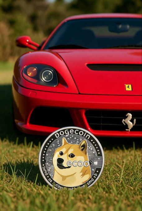 A red Ferrari sports car is parked on grass with a Dogecoin coin displayed in the foreground, illustrating the announcement that Dogecoin is now accepted as payment for Ferrari vehicles. The image combines the luxury brand with the cryptocurrency logo to visually represent this new partnership.