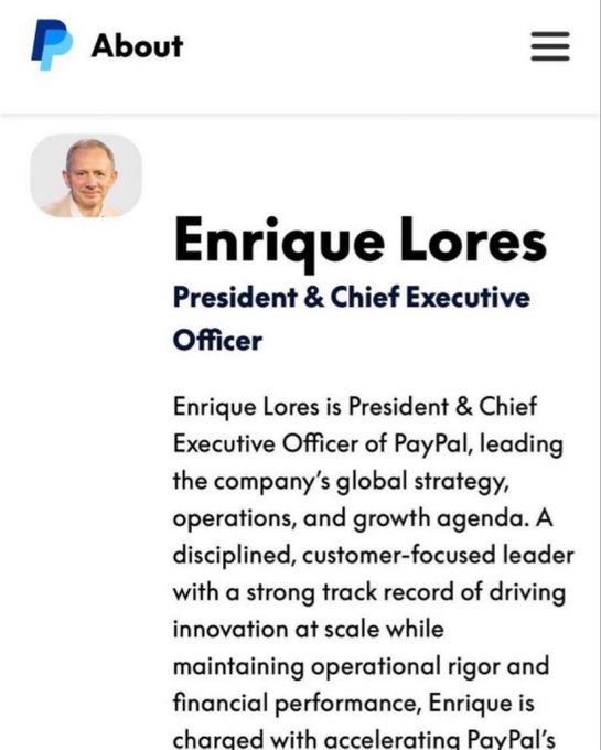 A PayPal "About" page featuring Enrique Lores as President & Chief Executive Officer, with text describing his leadership of the company's global strategy and operations.

The image appears to be a legitimate PayPal executive profile, which contrasts with the post's warning about fake crypto giveaway scams. The post likely uses this image to underscore the importance of verifying authentic sources and avoiding fraudulent schemes that may impersonate real financial figures or companies to deceive users into sending money or sharing personal information.