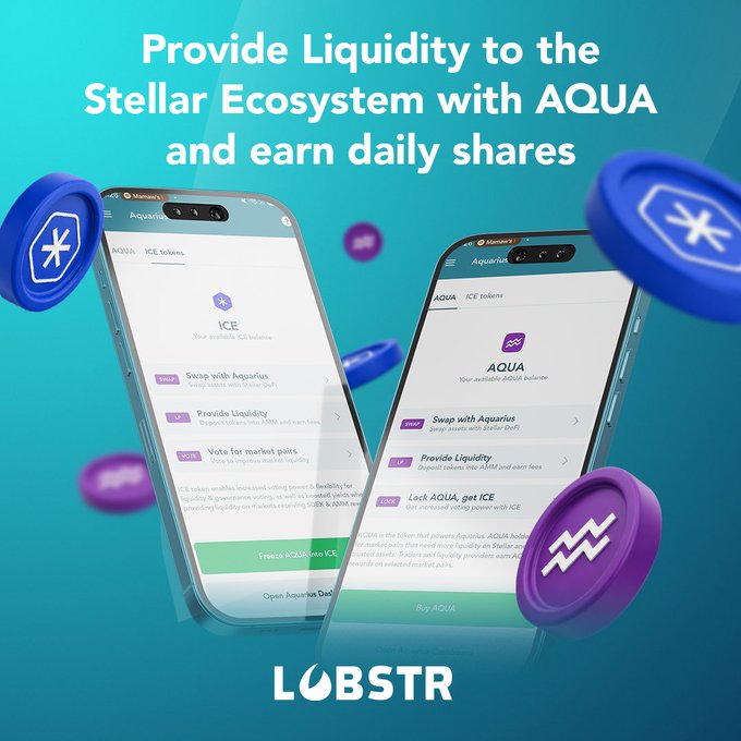 The image shows two cell phones, both displaying information about a cryptocurrency called AQUA. The phones are positioned side by side with their screens facing each other. Below the phones, there's text that reads "Provide Liquidity to the Stellar Ecosystem with AQUA and earn daily shares".