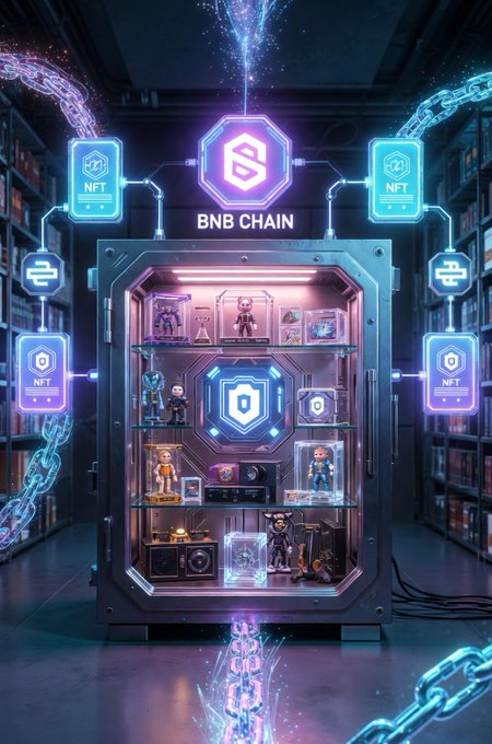 A futuristic digital vault displaying various collectibles and NFTs, surrounded by glowing blue chains and 'BNB CHAIN' and 'NFT' holographic tags.