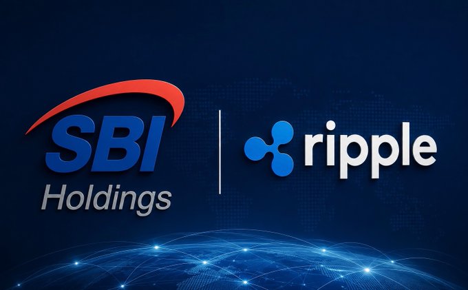 The image shows the logos of SBI Holdings and Ripple, representing their partnership and SBI's continued investment in the company, aligning with the post's message about institutional commitment.