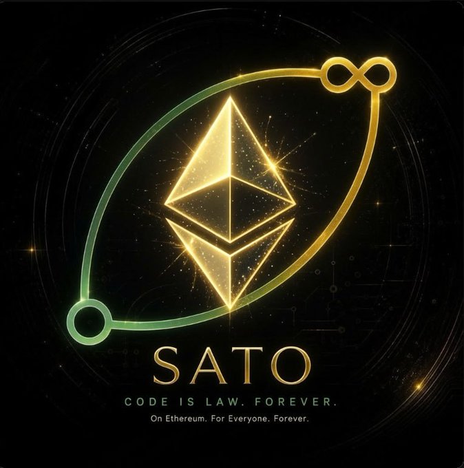 The image features a logo for a company named "SATO" with a pyramid design, which is often associated with cryptocurrency. The text below the logo reads "Code is law. Forever." This message emphasizes that the code of conduct for the company is based on the principles of cryptocurrency and its underlying technology, Bitcoin. The post also mentions that the company's code is applicable to everyone, including the author who wrote it.