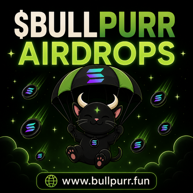 The image is a promotional graphic for a "$BULLPURR AIRDROPS" featuring a cute black cat with horns parachuting down, surrounded by falling Solana-branded tokens on a starry green background, with the website "www.bullpurr.fun" displayed at the bottom. It visually supports the post's call to action to claim a free $BULLPURR token airdrop by directing users to bullpurr.fun and submitting their Solana wallet address.