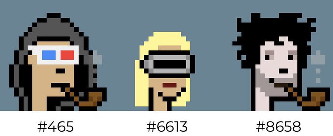 Three CryptoPunks (#465, #6613, and #8658) are displayed in pixel art form, all featuring hooded or headwear styles that align with the post's observation that "Punks look hood here."
