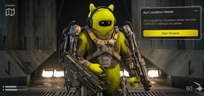 The image shows a screenshot of a post about the game " @DecibelTrade ". It features a figure wearing a yellow suit that has two large guns attached to its back and is holding up a sign with information related to the game. This person seems to be promoting or discussing the game in some way, possibly to attract more players to try it out. The post emphasizes the idea of self-reliance within the gaming world, as Decibel trade stands out due to its emphasis on internal development rather than relying on venture capital or token economies.