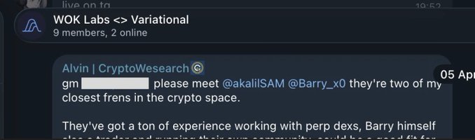 A Telegram message in WOK Labs <> Variational where Alvin from CryptoWesearch introduces his crypto friends @akaliSAM and @Barry_x0.