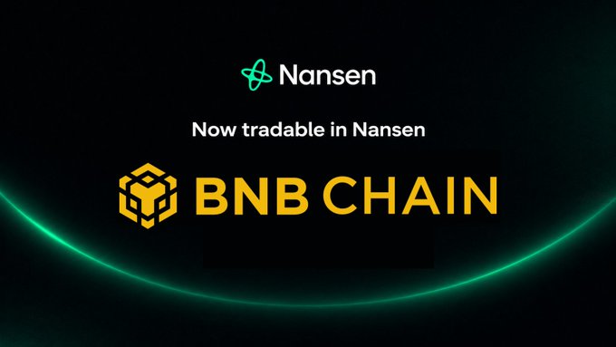 A promotional graphic with a dark background featuring the Nansen logo (white text with a teal atom icon) and "Now tradable in Nansen" above the BNB Chain logo and yellow "BNB CHAIN" text, visually announcing BNB Chain's integration with the Nansen trading platform.