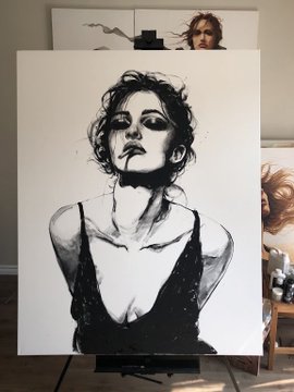 A black-and-white liquid acrylic painting on canvas depicts a woman with tousled hair, dark eyeliner, and a cigarette dangling from her lips, wearing a low-cut tank top in a moody, rebellious style. The artwork, displayed on an easel alongside smaller reference images, appears to be part of "The Rebel Within" collection offered as both a physical rolled canvas and NFT.