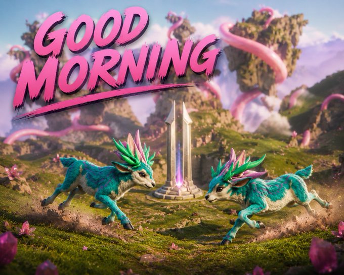A fantasy digital artwork with pink 'GOOD MORNING' text in the top left, featuring two turquoise deer-like creatures with green and pink antlers running across a grassy landscape toward a glowing crystal monolith.